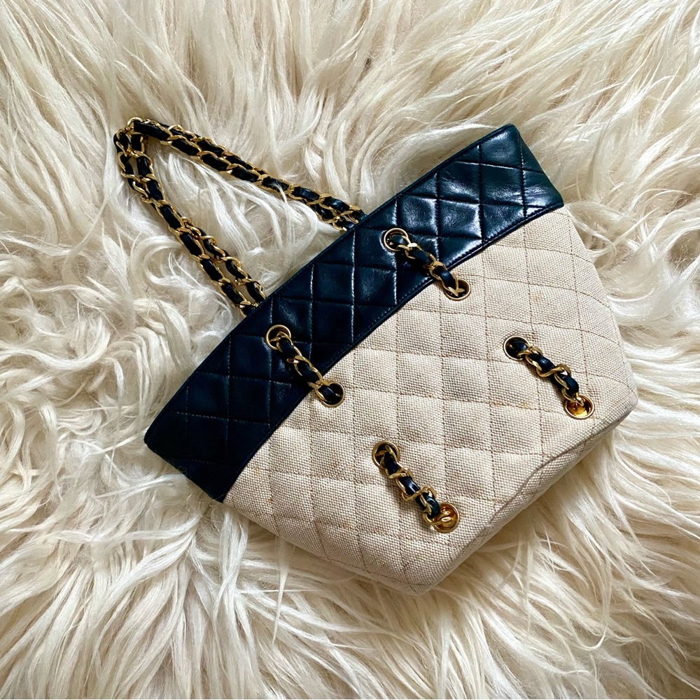 Chanel Vintage Navy Canvas Beige Mini Tote Bag - Picture 14 of 16